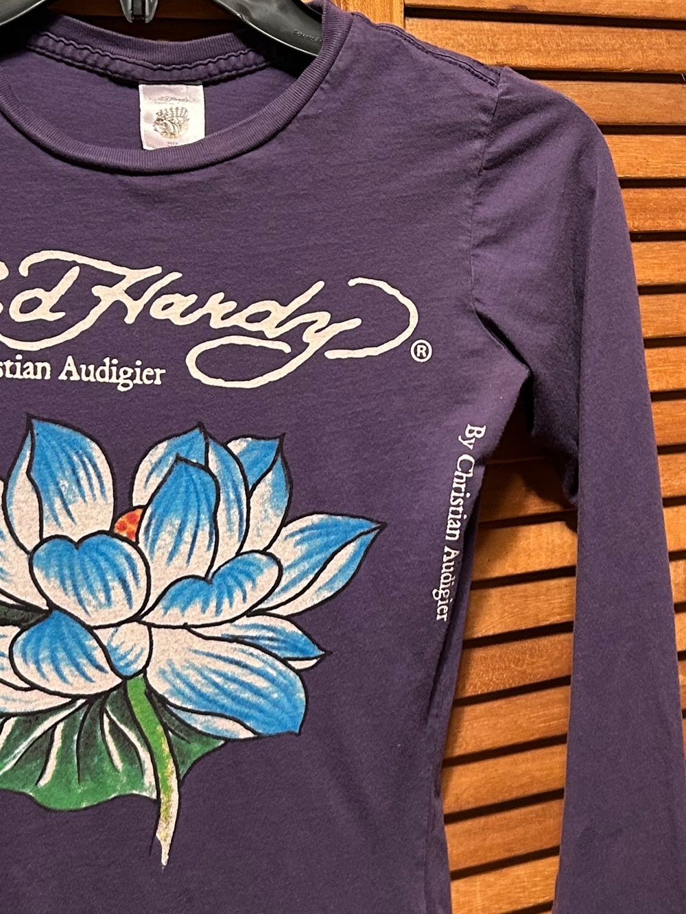 Ed Hardy Purple Long Sleeve Tunic Dress with Blue & Green Lotus Graphic - Picture 7 of 16